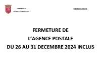 FERMETURE AGENCE POSTALE 26 au 31 dec 2024 inclus